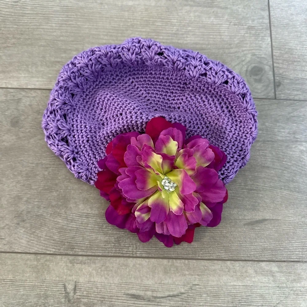 Hand crochet stretch 3-12 months baby girl boho floral hat